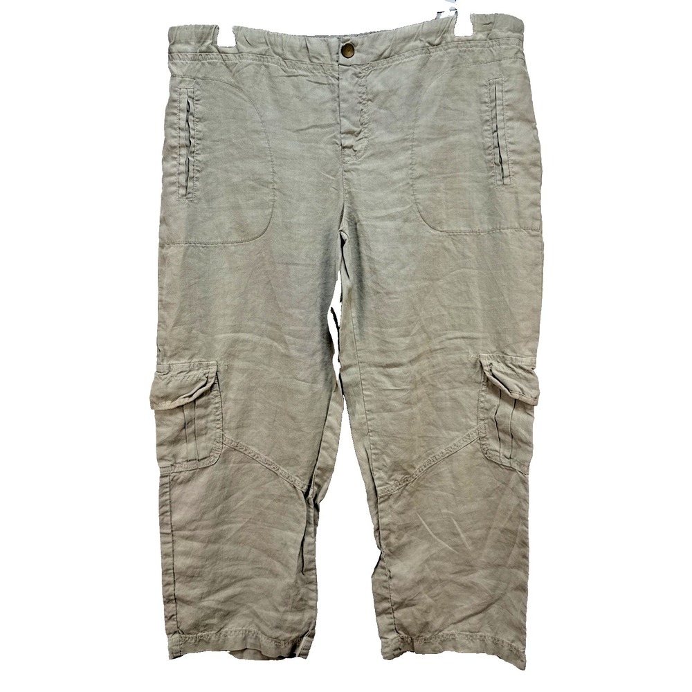 XCVI Khaki Beige Ramie Twill Cropped Cargo Pants Size L Drawstring Utility Gorp